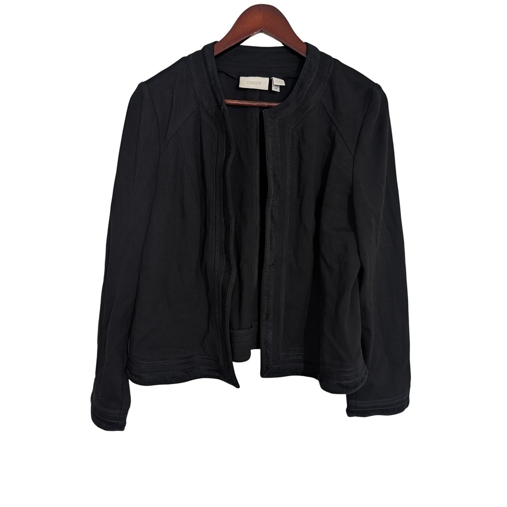Chicos Black Open Front Jacket Tonal Trim Rayon Blend Size 2 Large Womens